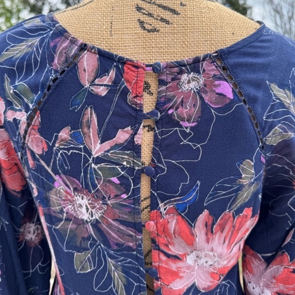 Lightweight! Free People Eyes On You Navy Floral Boho V-Neck 3/4 Sleeve Dress - Picture 10 of 12